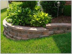 a planter is in the middle of a brick garden bed with green plants growing out of it