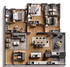 an overhead view of a floor plan with furniture and kitchen areas in the center,