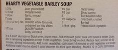 the label for hearty vegetable barley soup