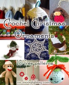 crochet christmas ornaments and ornaments are featured in this book, with pictures of stuffed animals