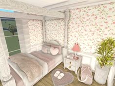 coquette, aesthetic, pink, white, bloxburgdesign, bloxburgroleplay, bloxburg, roblox, bedroom, buildinspo, heart, cute, detailed, plant, gymbag, heartcarpet, nightstand, lamp Carpet Ideas Bloxburg, Cute Cottage Bloxburg Houses, Bloxburg Beds Ideas, Things To Fill Up Space In Bloxburg, Build Inspo Bloxburg, Bloxburg Bedroom Hacks, Coquette Wallpaper Codes Bloxburg, Simple Bedroom Design Bloxburg, House Ideas For Bloxburg