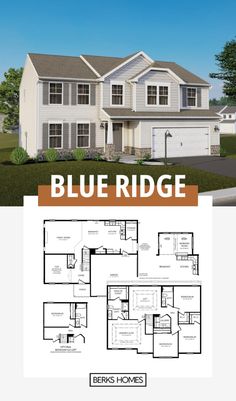 the blue ridge floor plan is shown with two story houses and three car garages