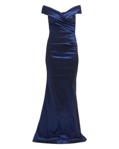 Rickie Freeman for Teri Jon gown in stretch taffeta. Off-the-shoulder neckline. Cap sleeves. Ruched bodice. Trumpet silhouette. Floor length. Vented back. Back zipper. Polyester/nylon/spandex. Imported. Formal Taffeta Evening Dress With Ruched Bodice, Ruched Taffeta Evening Dress For Prom, Taffeta Evening Dress With Pleated Fitted Bodice, Fitted Satin Gown With Pleated Back, Fitted Taffeta Dress With Satin Finish, Fitted Taffeta Evening Dress With Sweetheart Neckline, Floor-length Taffeta Evening Dress With Ruched Bodice, Evening Gown With Ruched Bodice In Taffeta, Taffeta Gown With Ruched Bodice For Evening