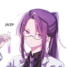 an anime character with purple hair and glasses holding a test tube in her hand,