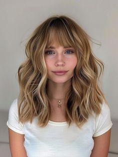 Stylish Shoulder Length Hair with Curtain Bangs: Trends & Tips Balayage Hair With Bangs Mid Length, Natural Blonde With Bangs, Dirty Blonde Shoulder Length Hair, Dirty Blonde Medium Length Hair, Blonde Mid Length Hair With Bangs, Styles For Shoulder Length Hair, Shoulder Length Hair Blonde, Aniston Hair