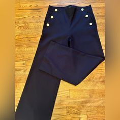 Navy Trousers With Side Zip Pockets, And Gold Button Details (Buttons Not Functional) Nwt Black Flared Trousers, Navy Trousers, Seersucker Pants, Party Pants, Black Flare, White Halter Maxi Dress, Printed Trousers, Stretch Chinos, Jumpsuit Trousers