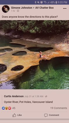 an instagramted photo of some people swimming in the river with rocks and water