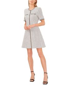 CeCe Crew Neck Short Sleeve Rhinestone Button Front Tweed Fit and Flare Dress | Dillard's Knee-length Tweed Dress With Button Closure, Casual Wedding Guest Dresses, Daytime Dresses, Dillard's, Dressed Down, Fit And Flare Dress, Simple Dresses, Flare Dress, Wedding Guest Dress