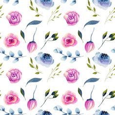 watercolor roses and leaves on a white background seamless wallpaper with pink, blue and purple flowers