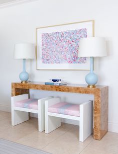 a table with two stools and a painting on the wall