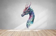 a colorful dragon wall sticker on a white wall in an empty room with wood flooring