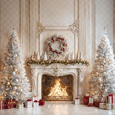 decorated christmas trees and presents in front of a fireplace