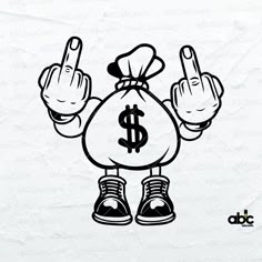 a black and white drawing of a money bag giving the peace sign