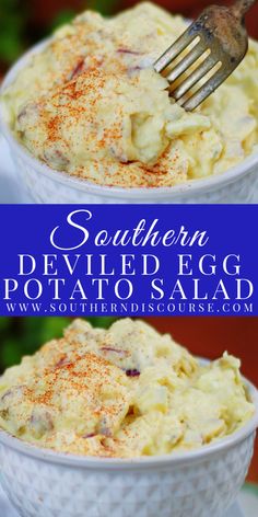 two bowls filled with deviled egg potato salad