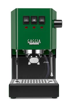 the green coffee machine is on display