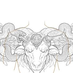 the head of a ram with two snakes on it's horns, in front of a white background