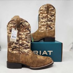 Brand: Ariat Description: Patriot Boots In Color Antique Mocha Washed Suede / Sand Camo Print. These Were A Return That Have Been Tried On But Are Without Issues Big Kid's Size Us 4.5m (24612) Style 10019913 Leather & Synthetic Imported Rubber Sole Shaft Measures Approximately 8.5" From Arch Boot Opening Measures Approximately 11.25" Around Made Using Ariat's Exclusive Four Layer Rebound (4lr) Comfort System, These Youth Western Boots Deliver Versatile Traction For Excellent Stability. This Tech Cowgirl Boots Round Toe, Girls Cowgirl Boots, Ariat Cowgirl Boots, Square Toe Cowboy Boots, Camo Boots, Ariat Boots, Leather Western Boots, Genuine Leather Boots, Square Toe Boots