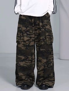 Camouflage Print Wide Leg Cargo Pants Discover the perfect blend of style and functionality with our Camouflage Print Wide Leg Cargo Pants. Designed for comfort and versatility, these cargo pants are perfect for any adventure. Size Chart (in cm): Size S M L XL Length 104 106 108 110 Waist 70 74 78 82 Hip 120 124 128 132 Thigh 70 72 74 76 Cargo Pants Wide Leg, Unique Clothing Style, Underground Streetwear, Wide Leg Cargo Pants, Punk Rock Outfits, Camouflage Cargo Pants, Cool Kids Clothes, Mens Cardigan Sweater, Varsity Jacket Men