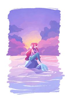 the little mermaid is sitting on top of a rock in the ocean with her tail hanging out