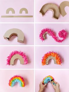 the steps to make a paper mache rainbow arch with pom - poms