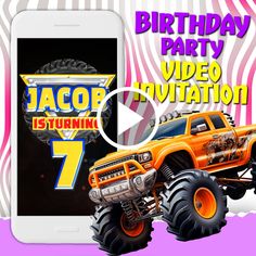 an image of a monster truck birthday party with the number 7 on it and text that reads, jacor is turning 7