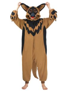 a man in a dog costume is holding his hands up