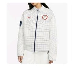 Nike Sportswear Jacket Womens Tech Pack Full Zip Team Usa Olympics White Sz-L Oversized Fit Nike White Outerwear With Pockets, White Nike Outerwear With Pockets, White Windbreaker For Workwear In Winter, White Winter Windbreaker For Work, White Sporty Outerwear For Work, Sporty White Outerwear For Work, Team Usa Olympics, Us Olympics, Nike Swoosh Logo