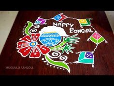 this is an image of happy pongai with colorful flowers and leaves on it