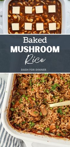 A spoon taking a portion of mushroom rice from a casserole dish. Rice Mushroom Casserole Recipes, Rice And Mushrooms Side Dish, Mushroom Rice Bake, Grits Dishes, Baked Mushroom Rice, Mushroom Rice Casserole, Rice Casserole Dishes, Quick Rice Recipes, Rice With Mushrooms