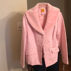 Fancy Pink Jacket With A Gorgeous Collar!! Pink Faux Fur Lined Winter Outerwear, Pink Faux Fur Hooded Jacket, Pink Fur Coat With Hood, Luxury Pink Button-up Outerwear, Pink Fur Collar Cardigan, Pink Jacket, Faux Fur Collar, Fur Collar, Fur Collars