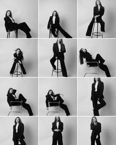 black and white photo collage of woman in suit sitting on chair with legs crossed