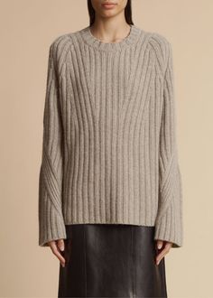 Calvin Sweater in Sepia Ribbed Sweater For Layering, Fall Cashmere Sweater With Ribbing, Cashmere Sweater With Ribbing For Fall, Cozy Cashmere Sweater With Ribbed Neckline, Long Sleeve Ribbed Cashmere Sweater, Ribbed Long Sleeve Cashmere Sweater, Elegant Oversized Ribbed Sweater, Ribbed Crew Neck Cashmere Sweater, Cashmere Ribbed Sweater For Layering