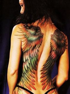 the back of a woman's body with colorful wings on her upper and lower half