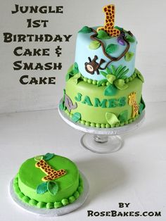 two birthday cakes decorated with giraffes and jungle animals