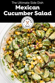 This simple cucumber salad is inspired by our favorite street food, Mexican street corn. With crunchy cucumbers, sweet corn, cotija cheese, and a creamy dressing, it's an easy side dish with a bit of kick to complement any Mexican-style meal. Buen provecho! | theendlessmeal.com