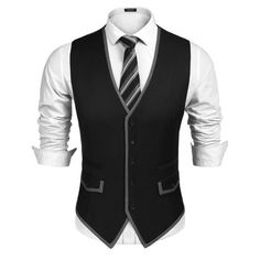 [High Quality Material]:This Men's Dress Vest Is Well Made With Solid And Neat Stitching, Durable Material. With High Quality Professional Suit Fabric Keeps The Vest Sharp All Time. And This Fabric Is Soft, Lightweight, No Fading, No Distortion, Wrinkle Resistant And Not Easy To Pilling. [Stylish Design]:The Classic Suit Vest Features V-Neck, Single Breasted, 5 Buttons, Two Real Side Pockets, Two Front Fake Pockets And Adjustable Back Belt And Patchwork Design. [Clothing Match]:Men's Slim Fit Sl Black Fitted Vest For Semi-formal Occasions, Semi-formal Black Single-breasted Vest, Black V-neck Vest For Business, Vest Coats, Neck Ideas, Business Suit Vest, Mens Dress Vests, Mens Fashion Dressy, Men's Business Suits