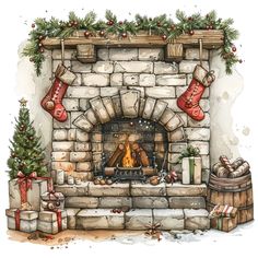 a watercolor painting of a fireplace with stockings and gifts around it, surrounded by christmas decorations