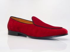 Style: 525-103V-Red Sumptuous Velvet slip-on Formal Loafer from the Carrucci collection features Grosgrain Trim and a clean welt! Formal Slip-on Loafers With Red Sole, Red Formal Moccasins With Branded Insole, Formal Slip-ons With Red Sole, Formal Slip-on Moccasins With Red Sole, Classic Red Loafers For Semi-formal Occasions, Semi-formal Red-sole Slip-on Dress Shoes, Red Fitted Slip-on Dress Shoes, Red Formal Slip-ons With Round Toe, Formal Red Goodyear Welted Loafers