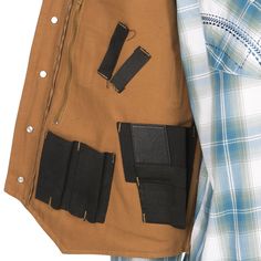 Wyoming Traders Men's Vest Tan color; please note that the deepth of the color of tan may vary slightly in darkness however, the overall vest is solid in color. 12 Ounce Cotton Canvas Polyester Satin lining Western yoke shoulder design front Reinforced Stitching Wyoming traders snap closure 2 front satin lined waist pockets 2 front satin lined chest pockets Double adjustable holsters 4 Inside magazine clip holders Machine wash cold, line dry recommended; see label for best care instructions TX-V Vest Styling, Inside Magazine, Concealed Carry Vest, Travel Vest, Wyoming Travel, Men's Vest, Vest Fashion, Polyester Satin, Shoulder Design