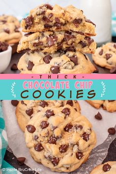 chocolate chip cookies stacked on top of each other with milk in the background and text overlay