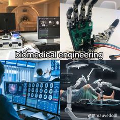 there are pictures of medical equipment and people working in the lab, with text that reads biomedical engineering