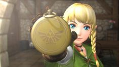 the legend of zelda is holding up a clock in front of her face and looking at it