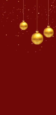 three gold christmas ornaments hanging from strings on a red background with snow flecks