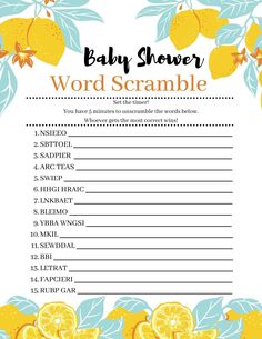 baby shower word scramble with lemons and leaves