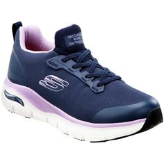 Luxury Navy Sneakers With Cushioned Footbed, Sketchers Arch Support Shoes, Functional Slip-resistant Sneakers With Secure Fit, Slip-resistant Synthetic Sneakers For Training, Ergonomic Slip-resistant Synthetic Sneakers, Slip-resistant Round Toe Sneakers For Sports, Fade-resistant Lace-up Running Shoes With Secure Fit, Walking Shoes With Arch Support For Jogging, Jogging Walking Shoes With Arch Support And Round Toe