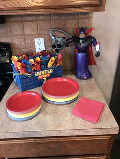 the kitchen counter is clean and ready to be used as a party place for kids