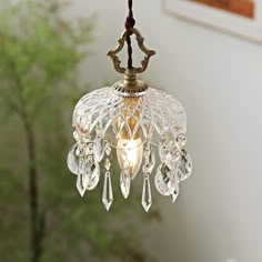 a chandelier hanging from a ceiling in a room with white walls and green trees