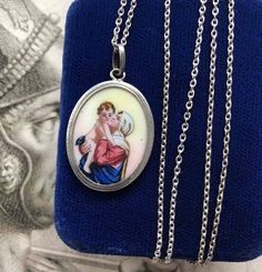 18" Sterling Enamel Mother Mary Necklace, Madonna and Child Pendant, German Virgin Mary Religious Medal Mother Mary Necklace, Mary Jewelry, Mary Necklace, Catholic Necklace, Virgin Mary Necklace, Masonic Ring, Crystal Cross, Madonna And Child, Protection Necklace