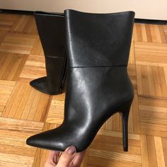 Brand New, Never Worn. Black, High-Heeled Boots. Very Comfy And Stylish! High Heel Faux Leather Mid-calf Boots For Office, Sleek Mid-calf Boots With Stacked Heel, Sleek Mid-calf Boots With Stacked Heel And Pointed Toe, Black Mid-calf Boots With Stacked Heel For Office, Black Faux Leather Mid-calf Boots For Office, Chic Mid-calf Boots For Night Out, Black Pointed Toe Mid-calf Boots For Office, Chic Mid-calf Boots With Reinforced Heel For Night Out, High Heel Mid-calf Boots For Night Out