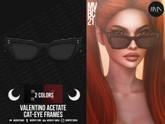 a woman with long red hair wearing black sunglasses and dark shades on her face, next to an advertisement for cat eye frames